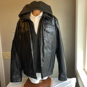 🔥 Levi’s Black leather look coat w/ built in hoodie LARGE